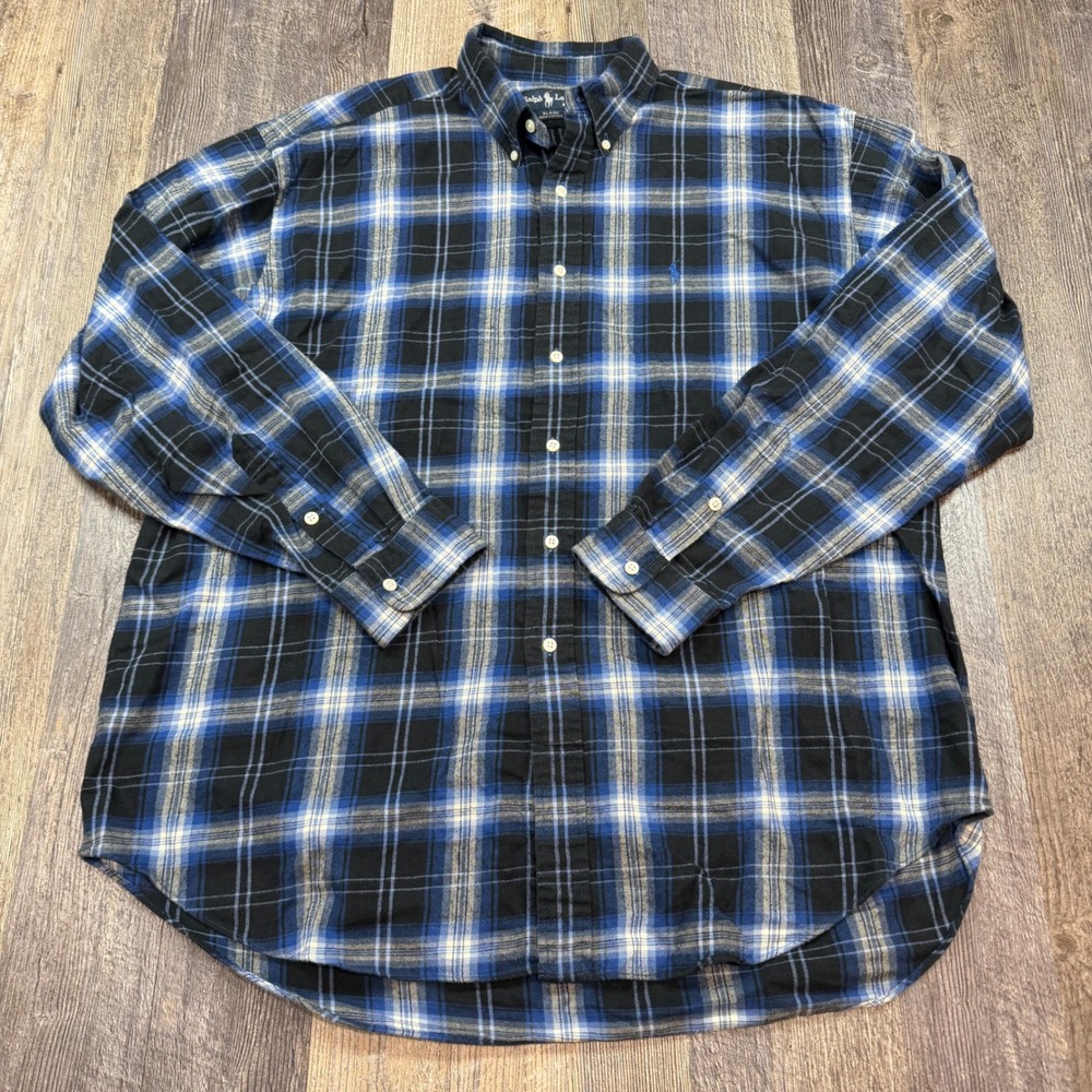 Polo Ralph Lauren Blaire Flannel Shirt Sz XL Blue Black Plaid Cotton Button Down